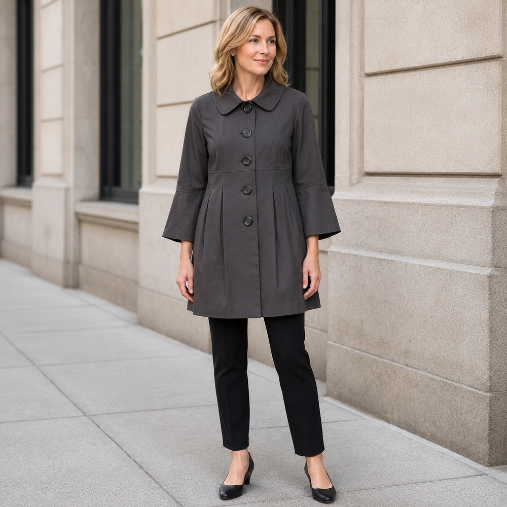 AB Studio Womens 4 Charcoal Swing Jacket Bell Sleeve Pleated Lined Coat